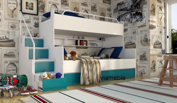 TURKUSOWE DUŻE ŁÓŻKO JIM 3 PIĘTROWE Z SZUFLADAMI Kod producenta łóżko