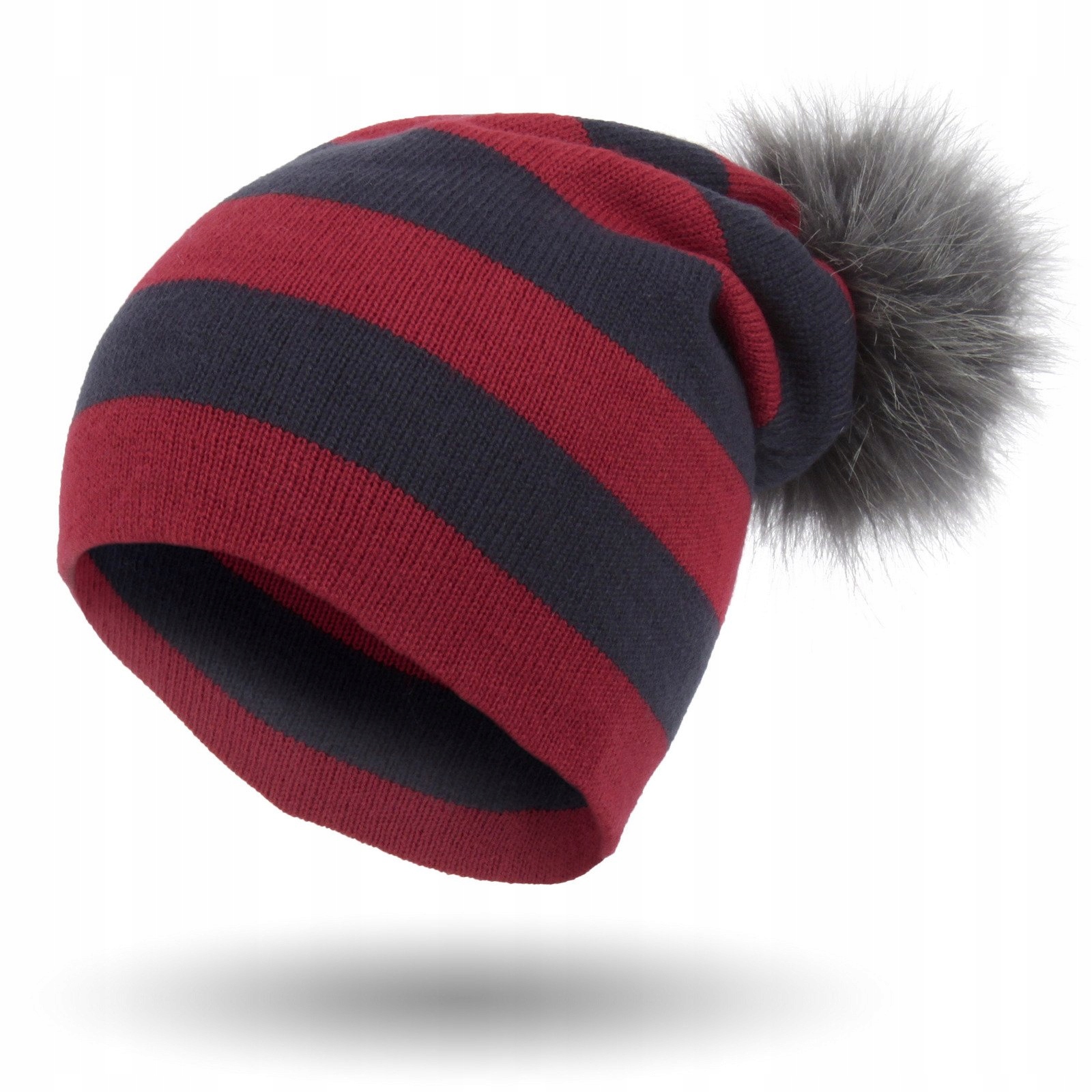 

W333E Beanie Damska Czapka Z Dzianiny Pompon Paski