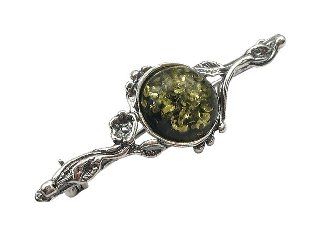 

Broszka Srebrna Z Naturalnym Bursztynem - zielona