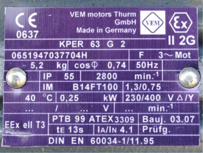 Silnik elektryczny kołnierzowy 0.25kw. 2800obr. Ex Marka VEM