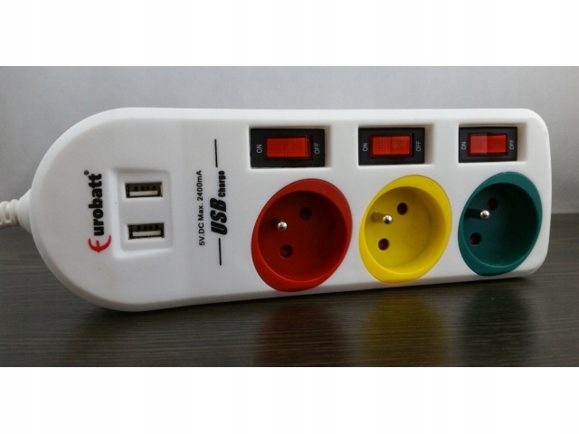 LISTWA ZASILAJĄCA 3 GNIAZDA WŁĄCZNIKI 2 USB KOLORY Model listwa zasilająca