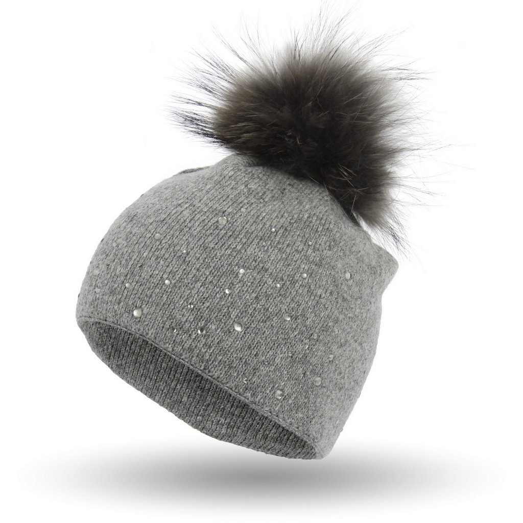 

W320C Czapka Z Kaszmiru Pompon Jenota Ciemnoszara