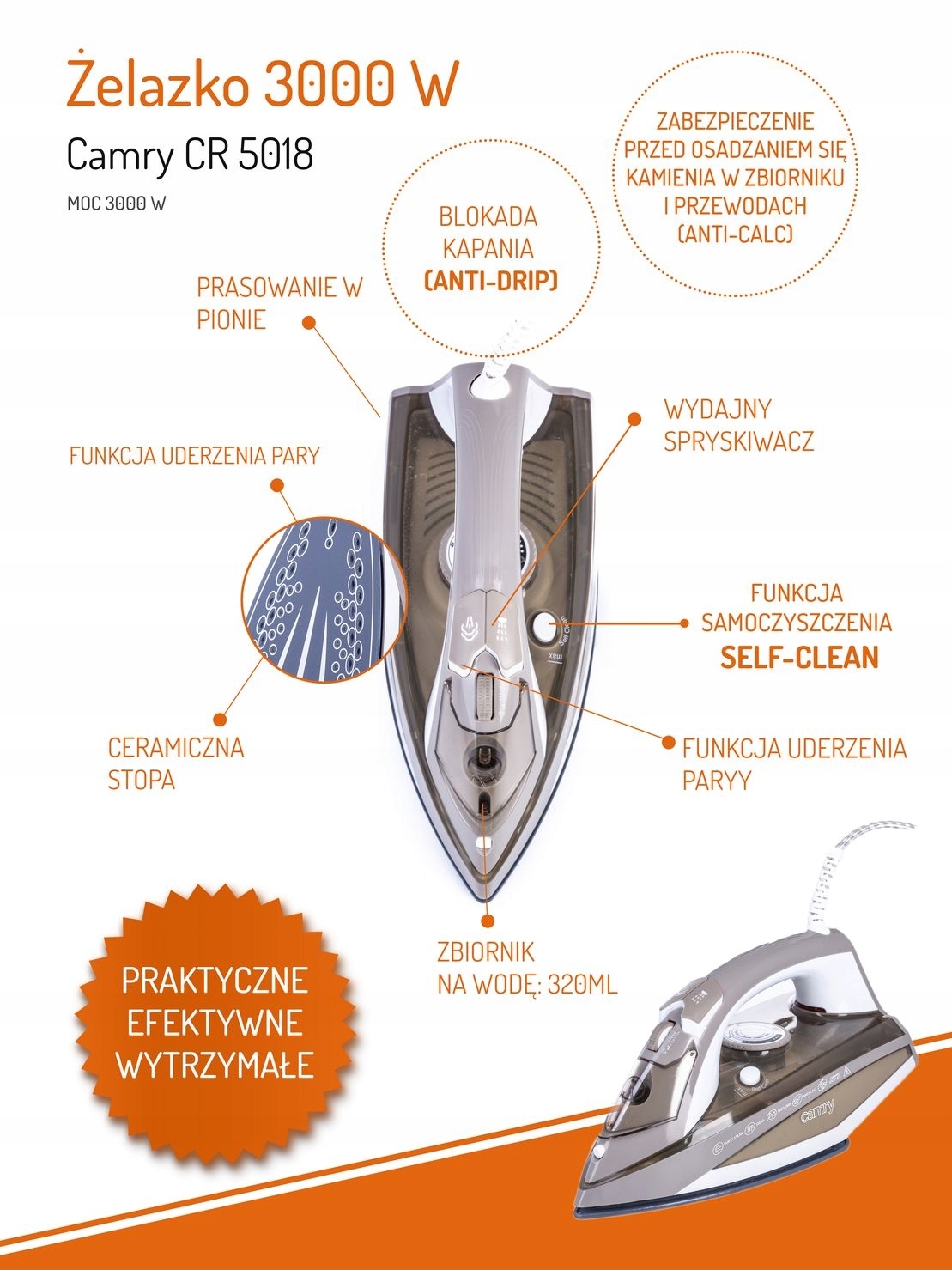 ŻELAZKO PAROWE 3000W CAMRY 5018 ANTICALC ANTIDRIP Model CR 5018