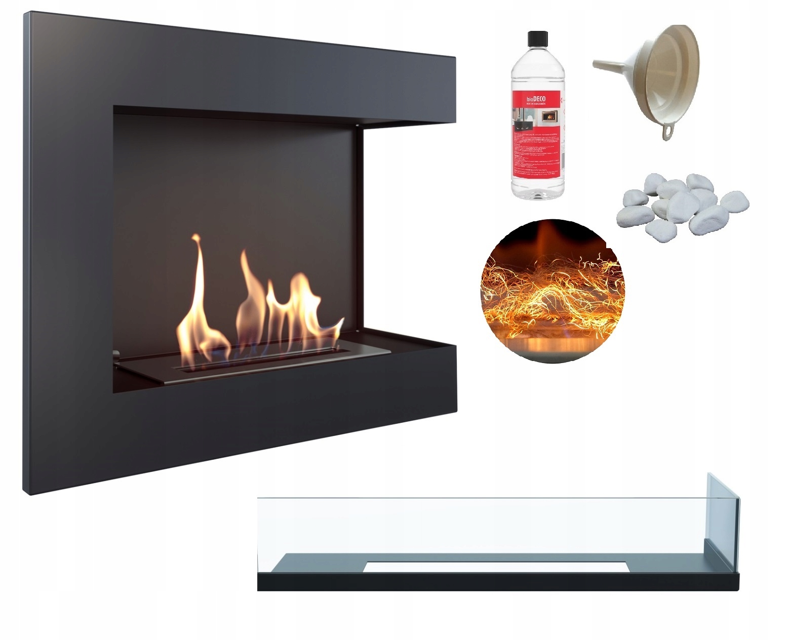 Biokominek narożny wiszący czarny Delta prawa 600 Szyba glow flame