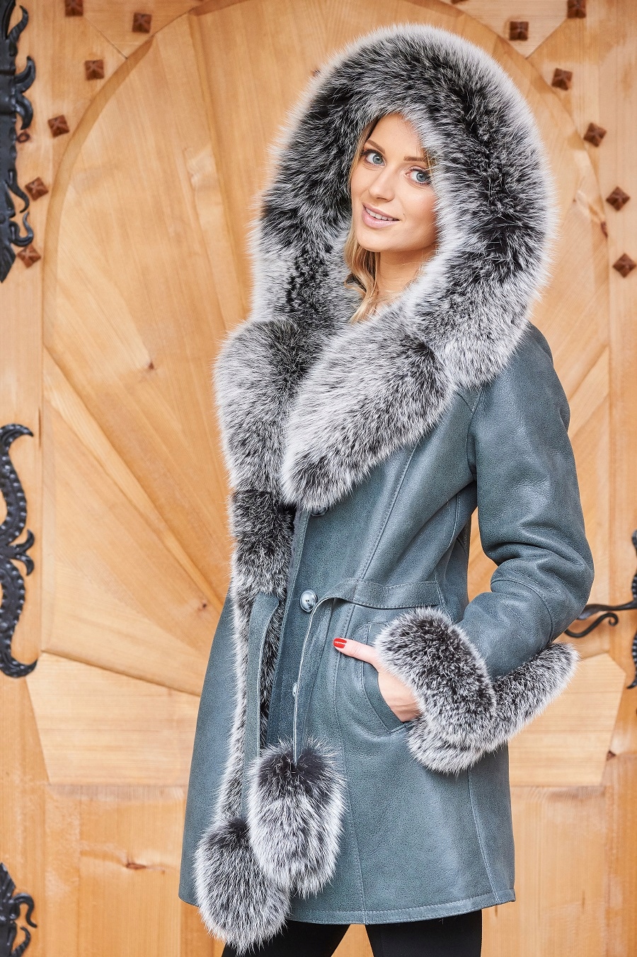 Kożuch DAMSKI z KAPTUREM / F.P. LEATHER / r. XXXL Rękaw rękaw 3/4