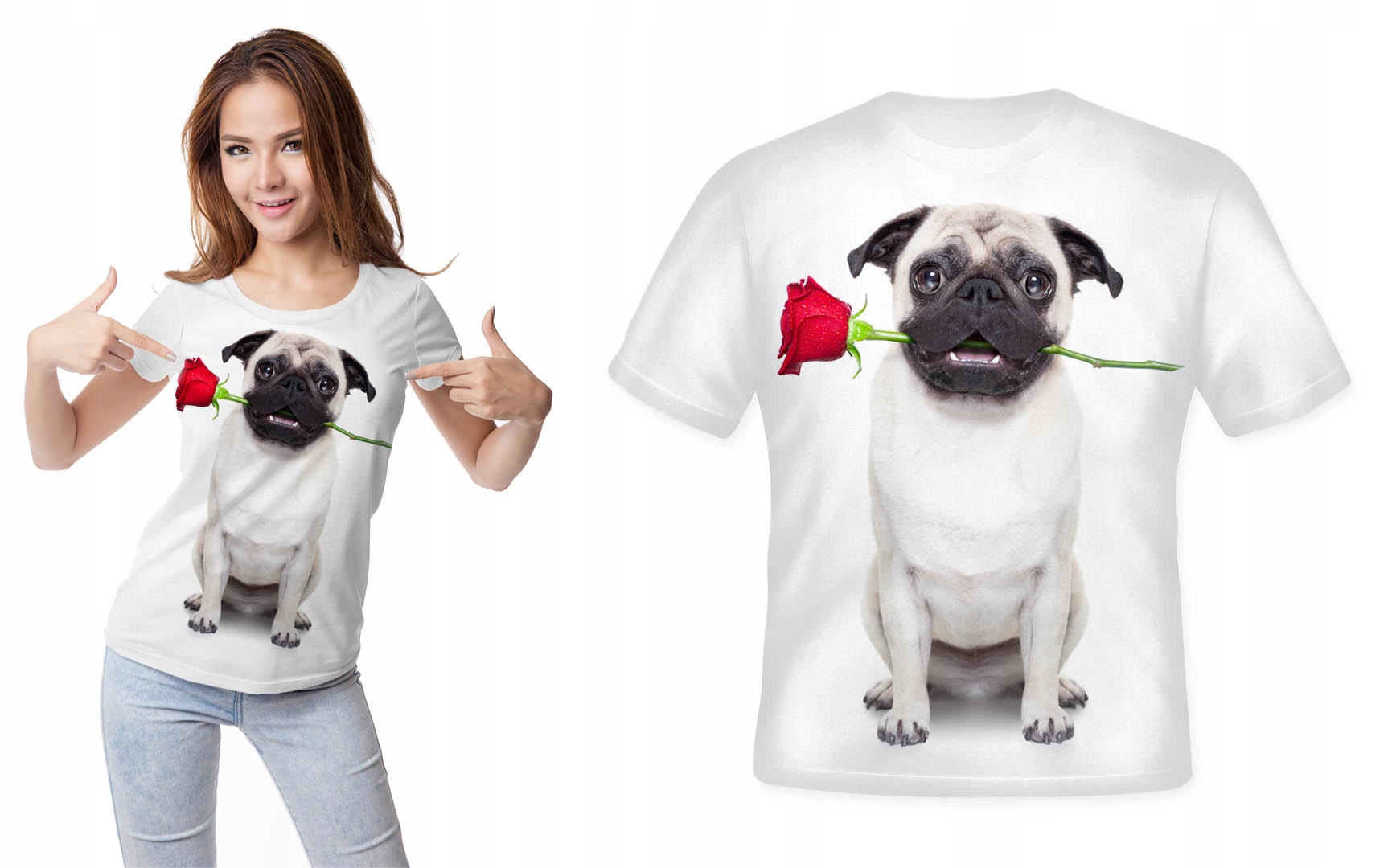

Koszulka 3D T-shirt Mops Z Różą XL Trwała Modna