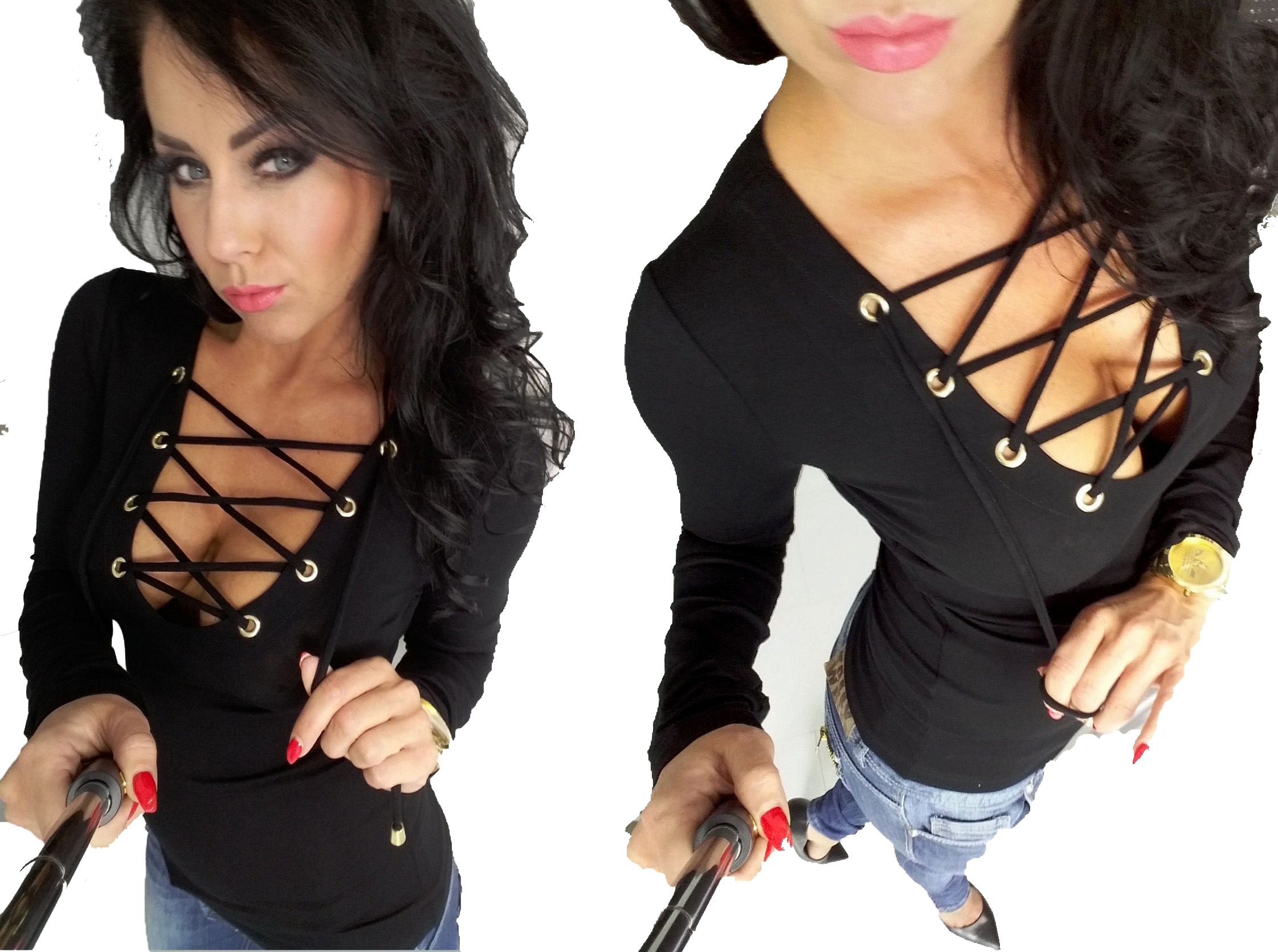 Dámská sexy halenka s hlubokým výstřihem, úzká, elegantní, dlouhý rukáv, velikost M 38