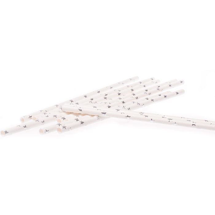 Słomki papierowe białe w srebrne gwiazdki rurki Długość 19.5 cm