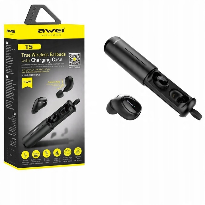 

Słuchawki Bluetooth Awei T5 Czarne z powerbankiem