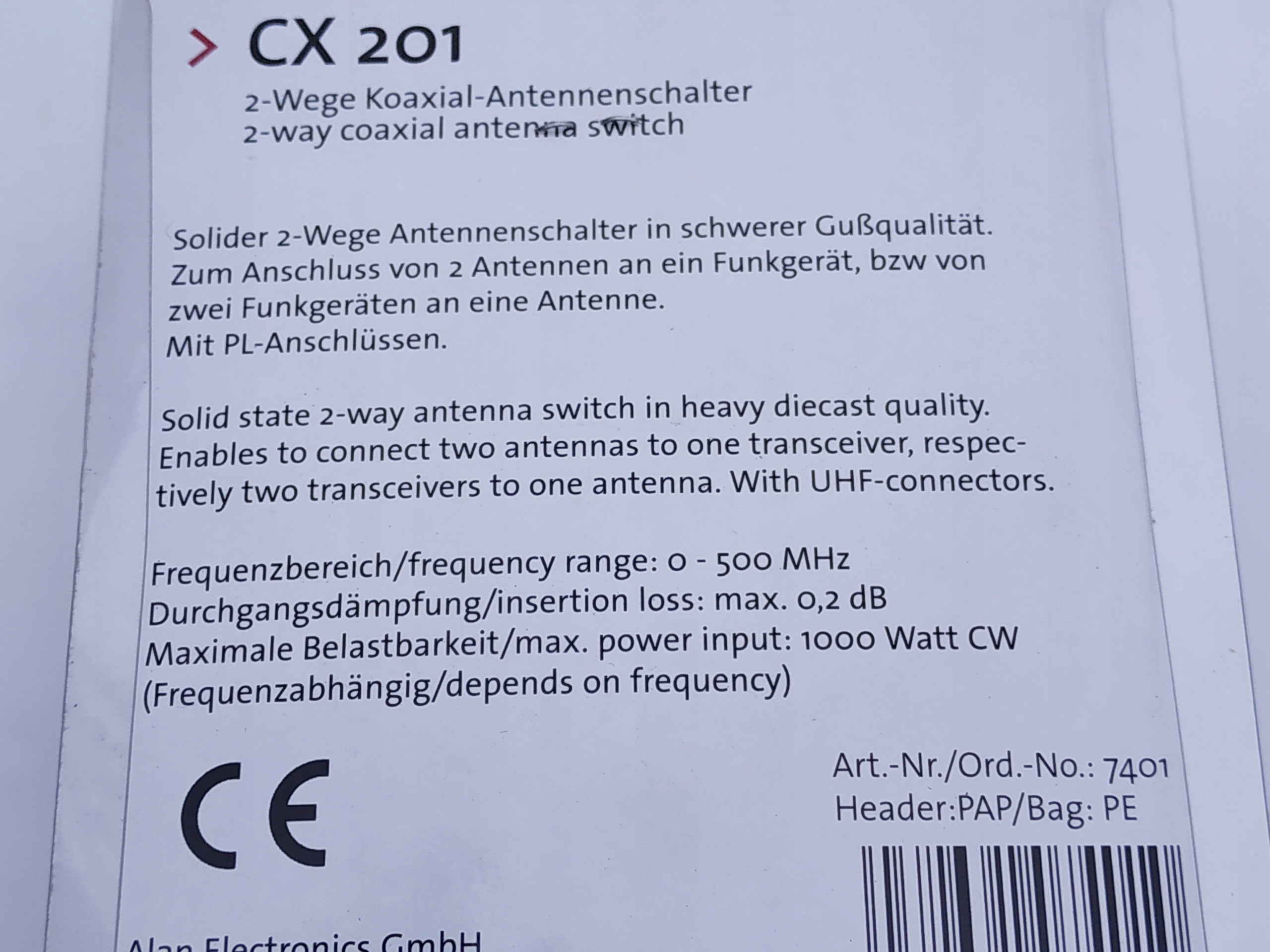 PRZEŁĄCZNIK ANTENOWY ALBRECHT EAN (GTIN) 4032661074010