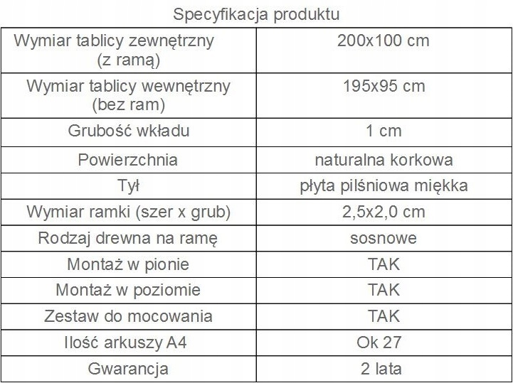 Tablica korkowa 200x100 cm.100x200, super jakość ! Waga produktu z opakowaniem jednostkowym 15 kg