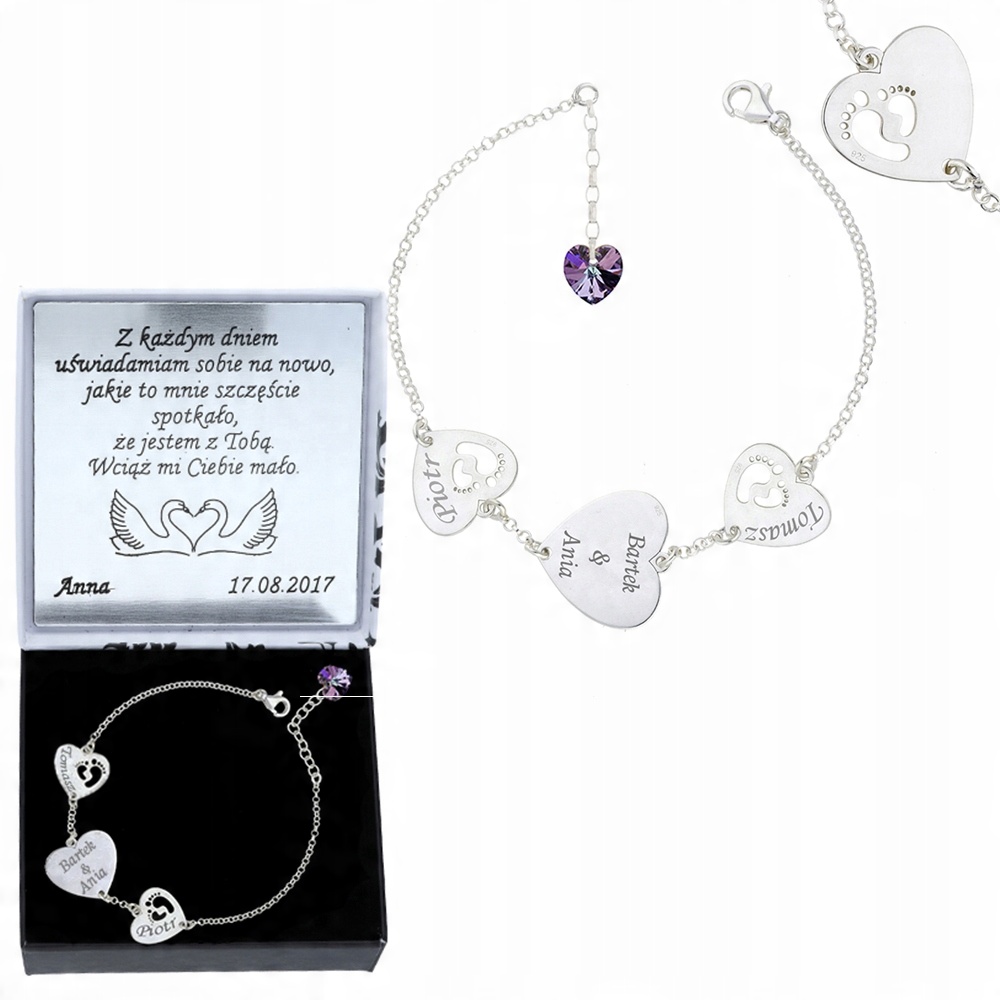 

bransoletka kr.swarovski 3 serca stopki grawer