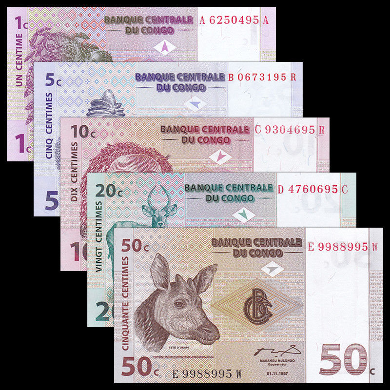 SET KONGO 5 BANKNOTÓW 1-50 CENTIME 1997 UNC