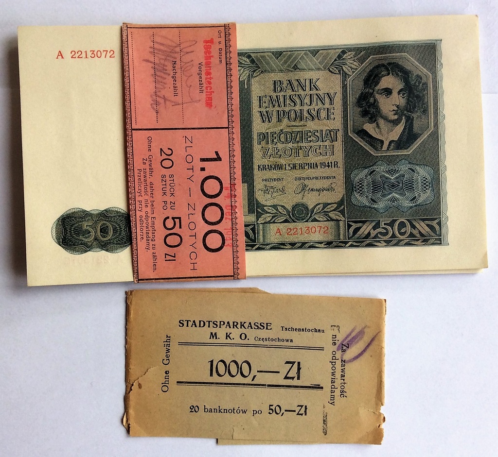 Banknoty Polskie 1941,20 szt x 50 zł z banderolą