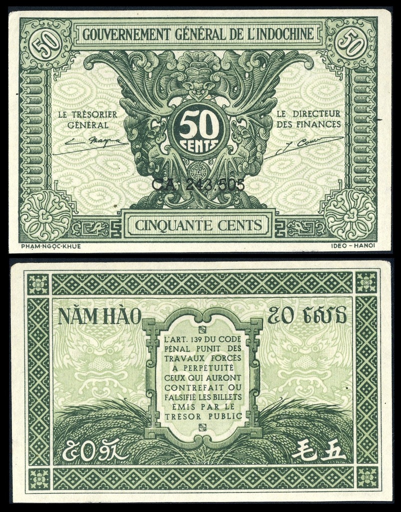 Fr.Indochiny 50 centów 1942r. P-91 XF/AU ( 2+ )