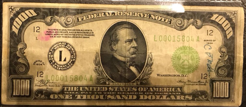1000 dolarów USD $ 1934 Stare OKAZJA