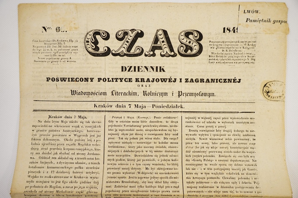 CZAS -DZIENNIK..POLITYKA ,NR 66,1849 ROK!! KRAKÓW