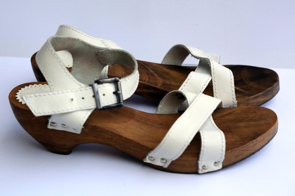 ZARA sandały białe SKÓRA+DREWNO r.40 (26cm) NOWE