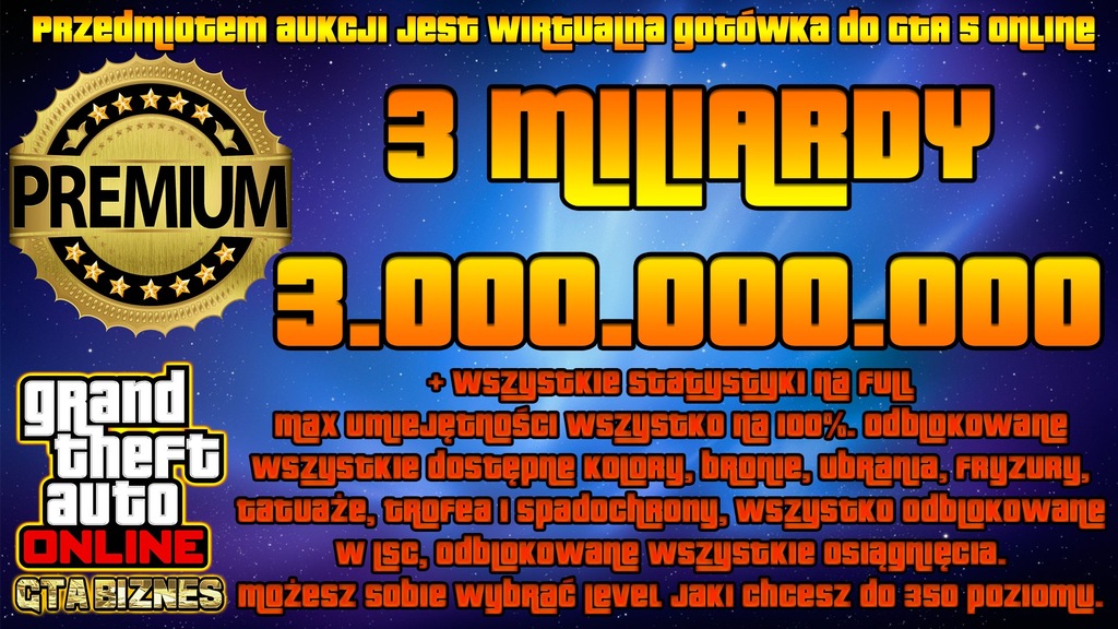 GTA 5 ONLINE PREMIUM PAKIET 3 MILIARDY + LEVEL