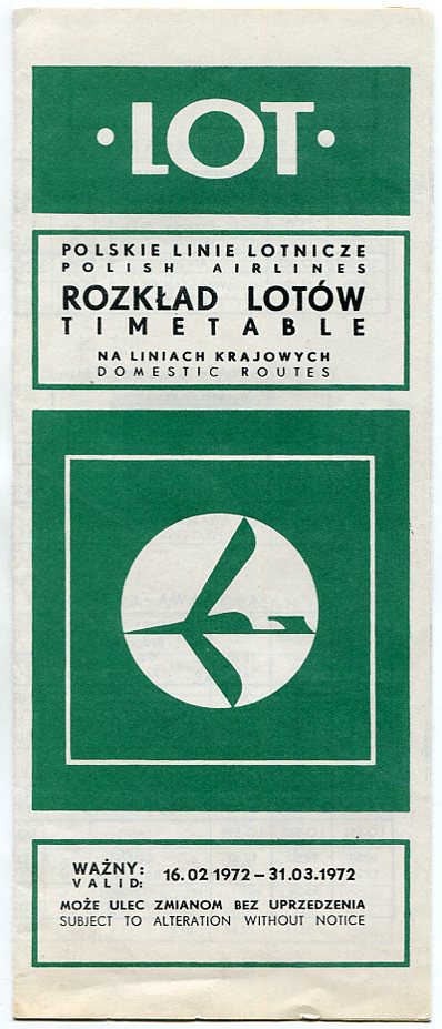 LOT :: ROZKŁAD LOTÓW KRAJOWYCH z 1972 roku
