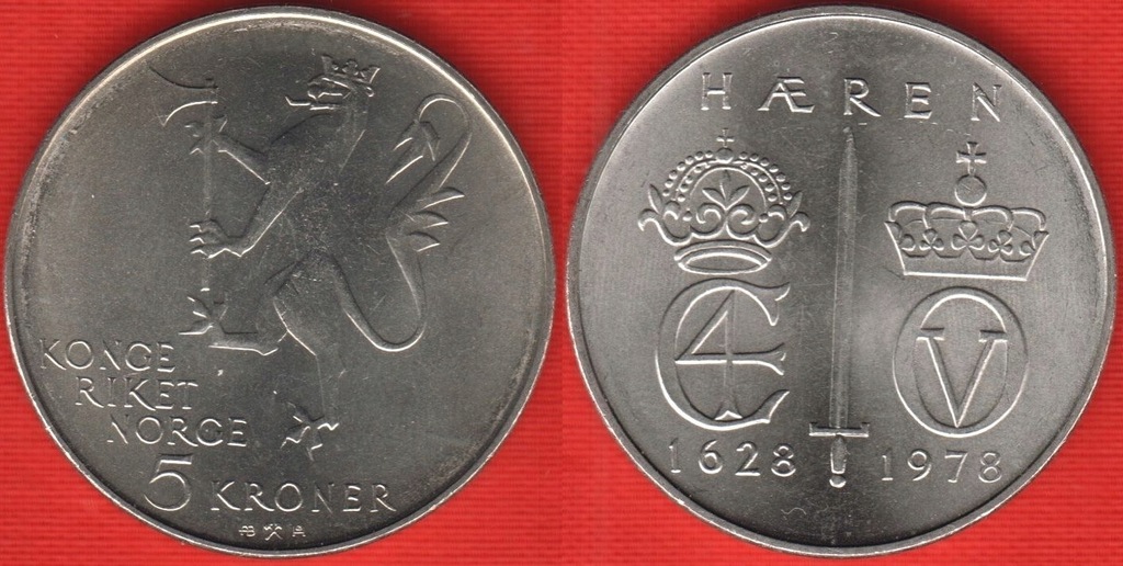 NORWEGIA 5 koron 1978r 350 lat Armii