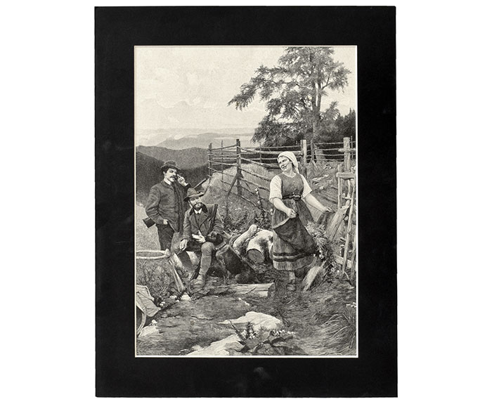 Ok.1900 r Drzeworyt Alpejska scena rodzajowa 38x29