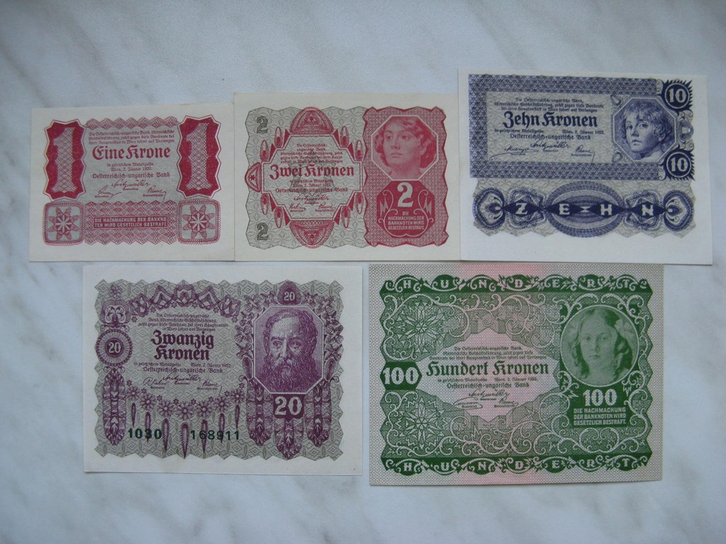 Austria - 1,2,10,20,100 Koron - 1922 - P73-77 St.1