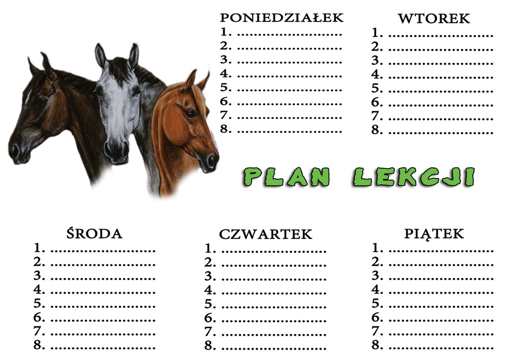 PLAN LEKCJI SZKOLNY DO SZKOŁY A4 KOŃ KONIE