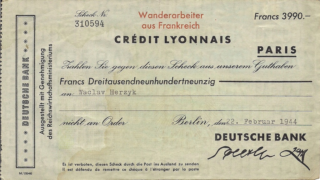 Czek Deutsche Bank we fr. franc. na polaka 1944r