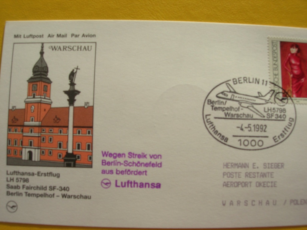 Karta 1 lot Lufthansa Berlin-Warszawa sam. SF-340