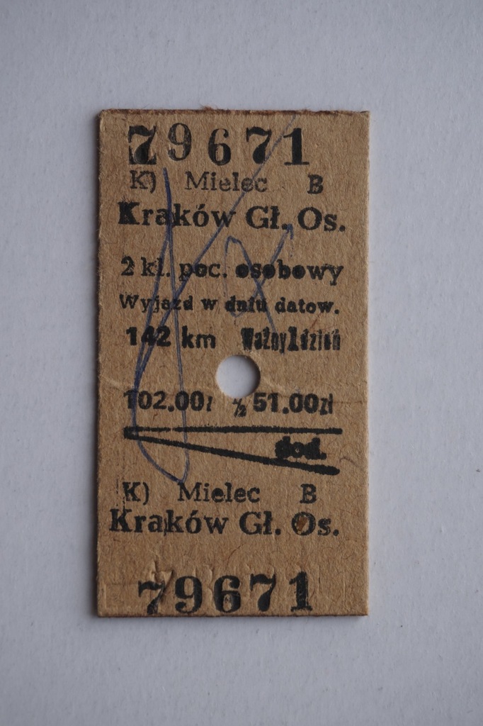 Stary BILET KOLEJOWY PKP KRAKÓW - MIELEC KARTONIK