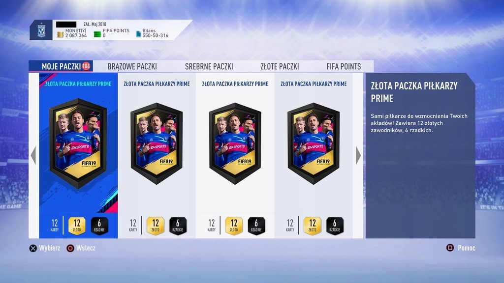 Konto PSN FIFA 19 2 MILIONY COINS + 122 PACZKI