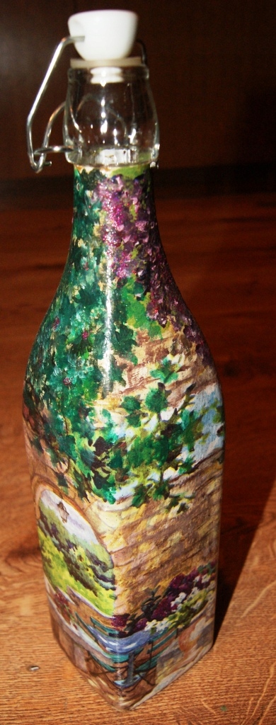Ręcznie zdobiona butelka - decoupage, malowana