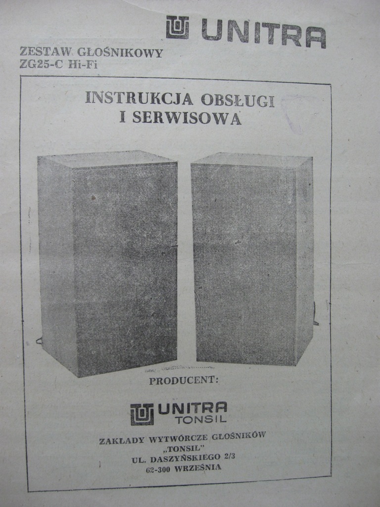 Głośniki ZG-25-C Hi-Fi UNITRA Instrukcja Schemat