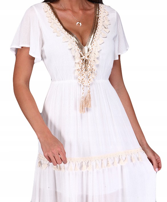 M. AZARA PARIS Maxi Boho w Bieli+ Złoto [000CWT] M