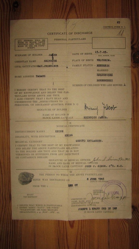 Certificate of Discharge, US Army, Niemcy 1945