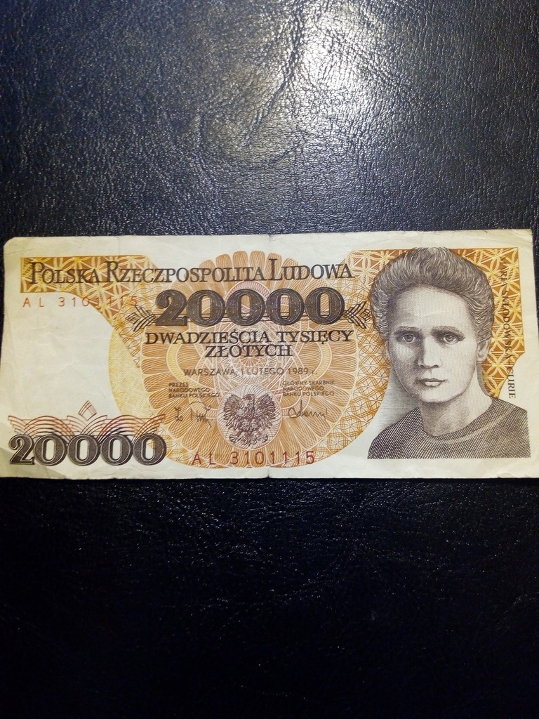 Banknot 20000 zł 1989 SERIA AL, SKŁODOWSKA