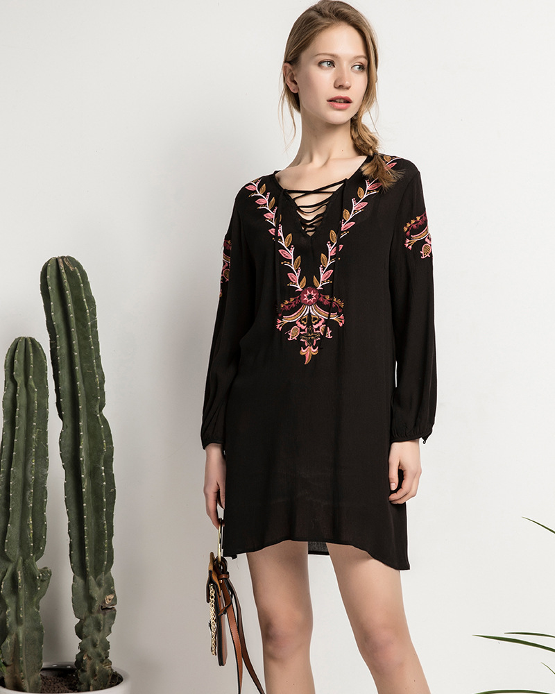 CZARNA TUNIKA HAFTOWANA BOHO WIĄZANA ZARA S