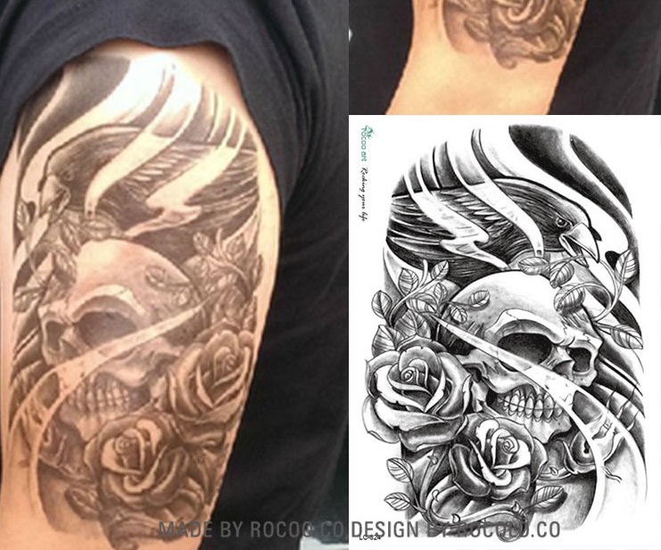 Tatuaz zmywalny 3D czaszka z krukiem w różach