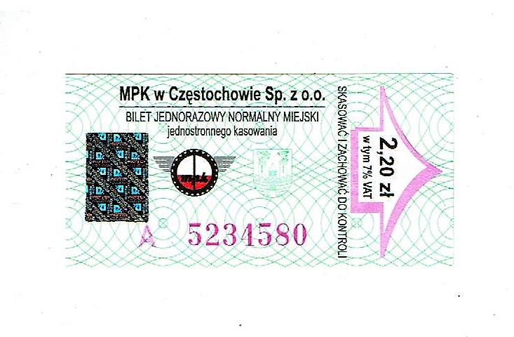 Bilet MPK Częstochowa 2,20 zł - skasowany