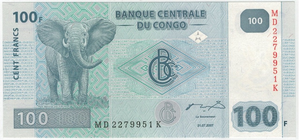Kongo 100 Francs 2007 rok UNC