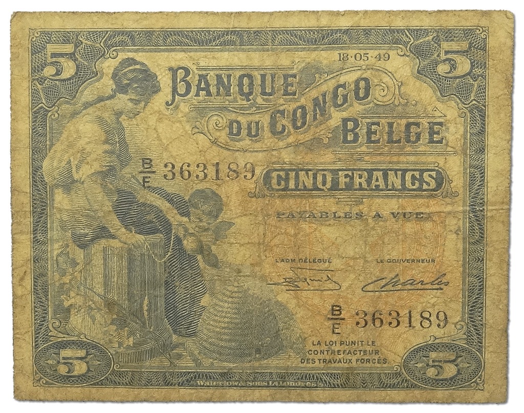 6.cm.Congo Belg., 5 Franków 1949, P.13B, St.3