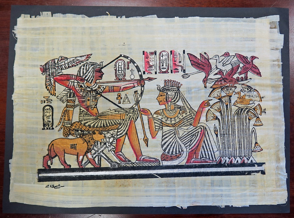 Papirus ręcznie malowany, sygn., motywy egipskie