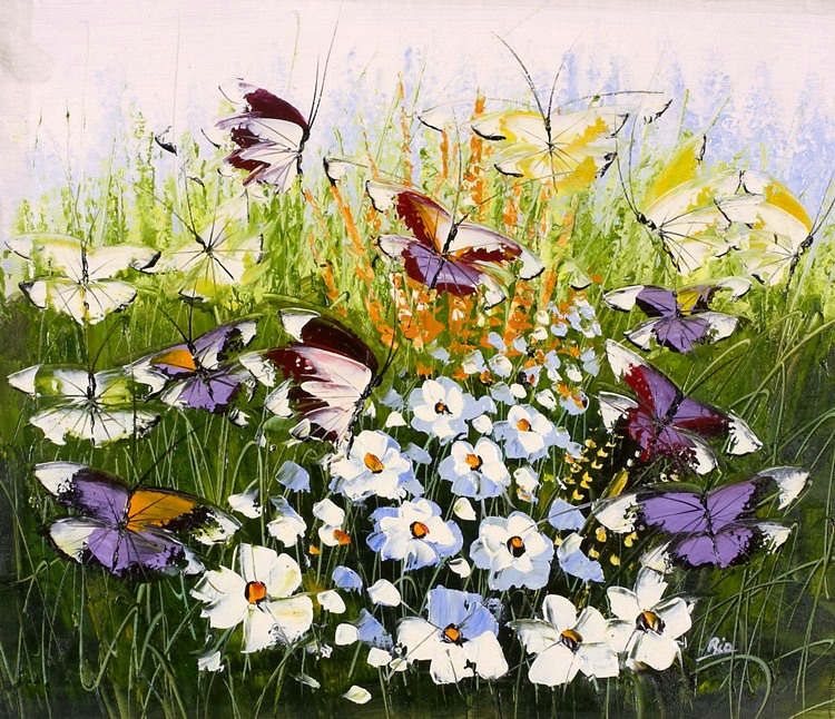 obraz olejny abstrakcja kwiaty motyle 50x60- A1764