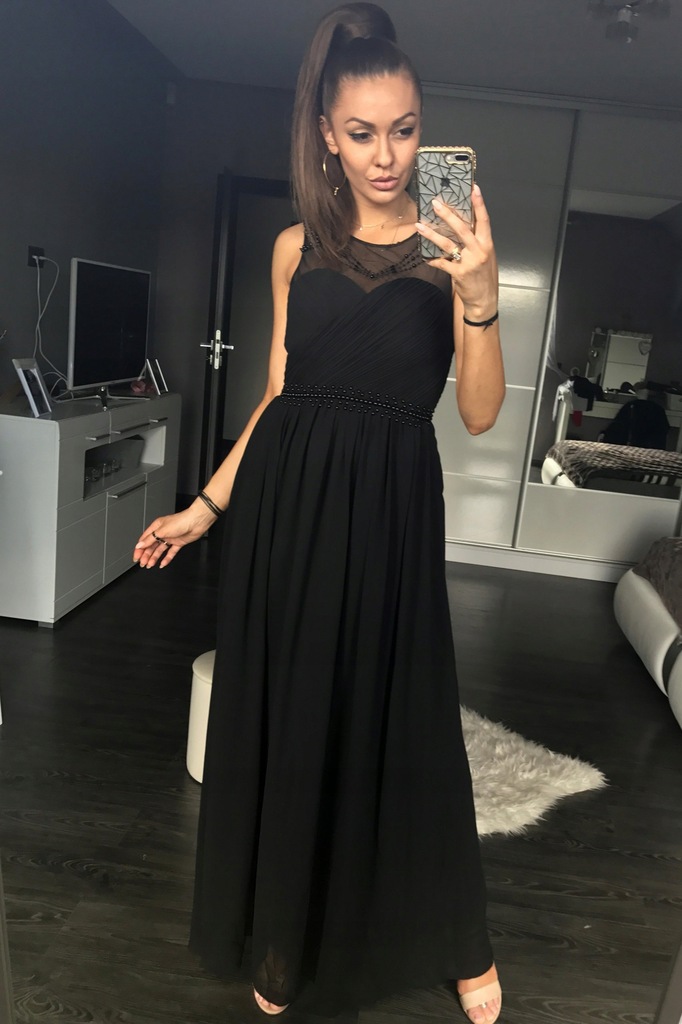 Długa suknia typu MAXI z siateczką - czarna L