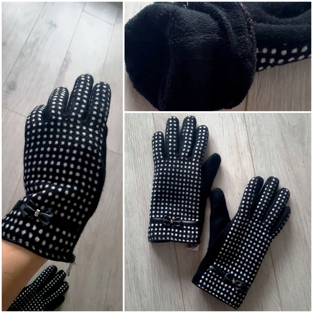 rękawiczki ocieplone FUTERKO czerń biel M groszki