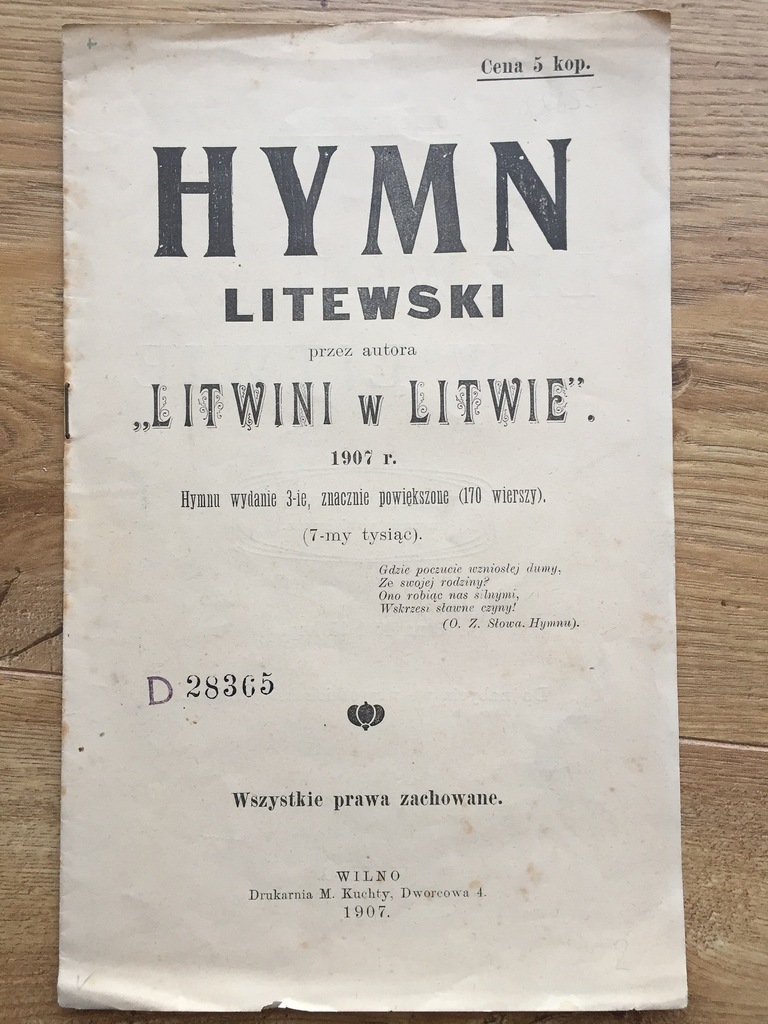 OTTON ZAWISZA. HYMN LITEWSKI. WILNO. 1907. RZADKIE