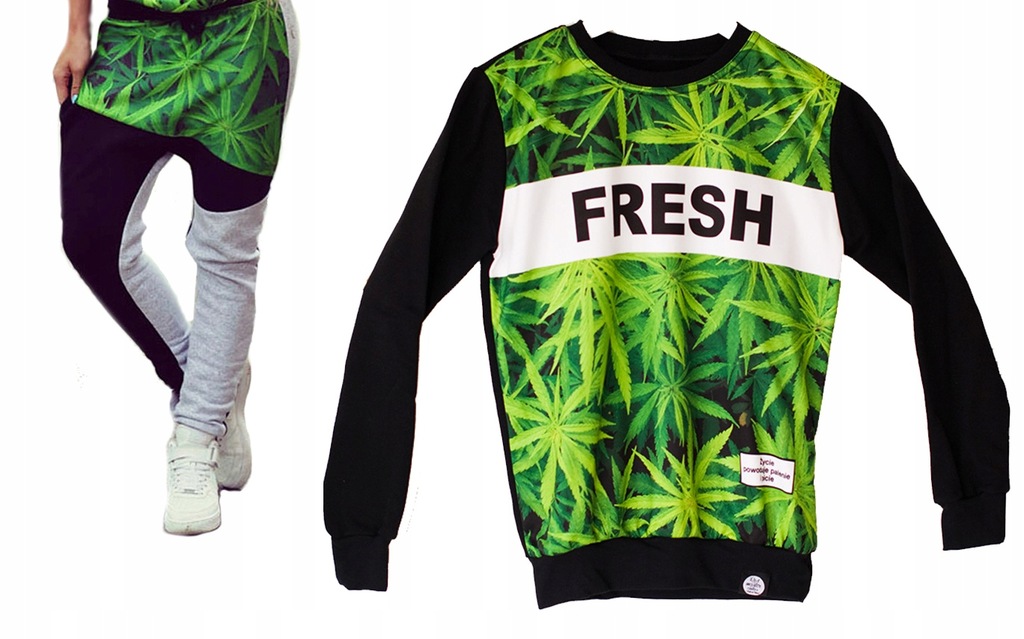 KOMPLET SPODNIE BLUZA 3D MARIHUANA DRES ZIOŁO L/XL