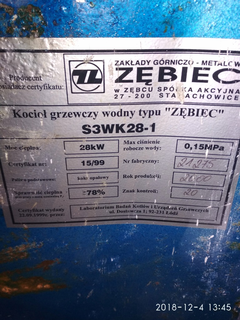 Piec Zębiec 28 kW S3WK28-1 BCM W-w okolice