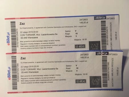 Bilet na koncert Zaz Warszawa Torwar 22.02.19 2szt